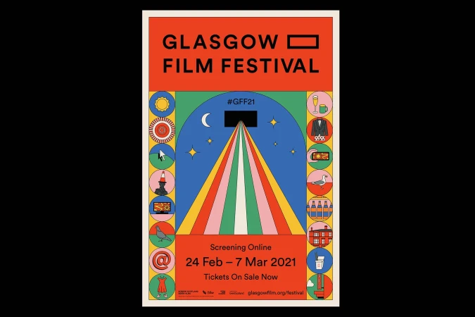Promotional poster for the Glasgow Film Festival featuring colorful graphics, iconography, and event information.