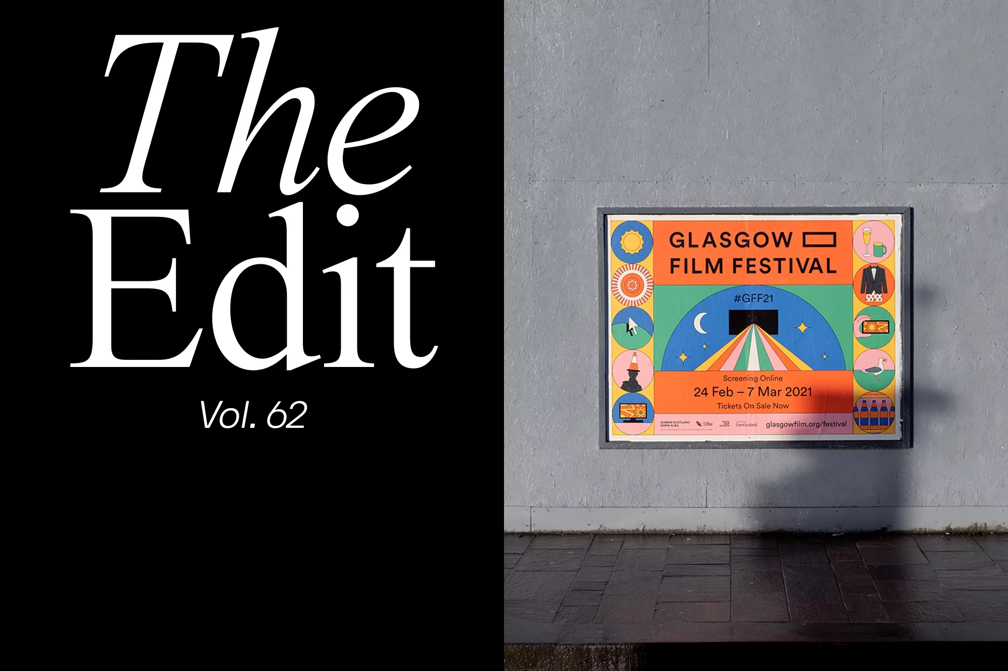 Promotional poster for the Glasgow Film Festival featuring colorful illustrations and text on a gray concrete wall.  A black space is on the left.