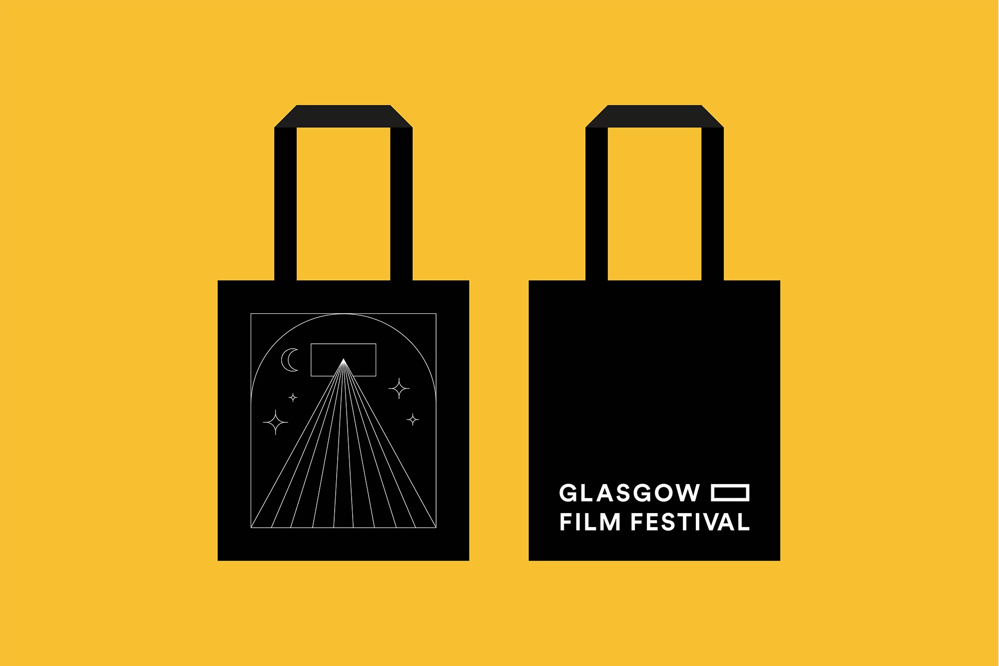 Two black tote bags are displayed against a yellow background, one featuring a white graphic design, the other showing the 'Glasgow Film Festival' logo.