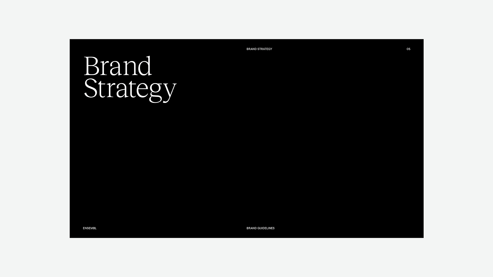 Black and white image featuring 'Brand Strategy' text on a dark background, with 'Brand Guidelines' and 'Ensemble' along the bottom.