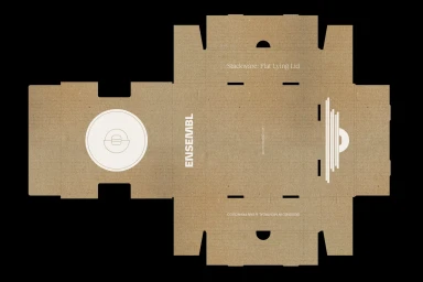 Unfolded brown cardboard packaging die-cut template with white typography and product illustrations against a black background