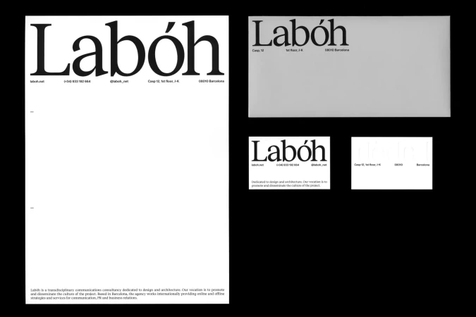 Text-based graphic design featuring the word 'Labóh' in a bold, sans-serif typeface with contact details and a brief company description.
