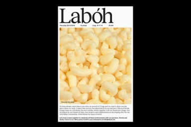 Laboh brand identity poster featuring bold serif typography and a close-up image of cream-colored packing peanuts.