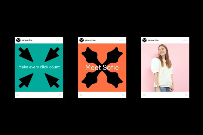 Three digital ads in a social media post format, featuring abstract designs and a woman, promoting 'generaxion' company.