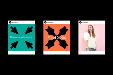 Three social media post mockups on a black background featuring typography and a smiling woman against pink