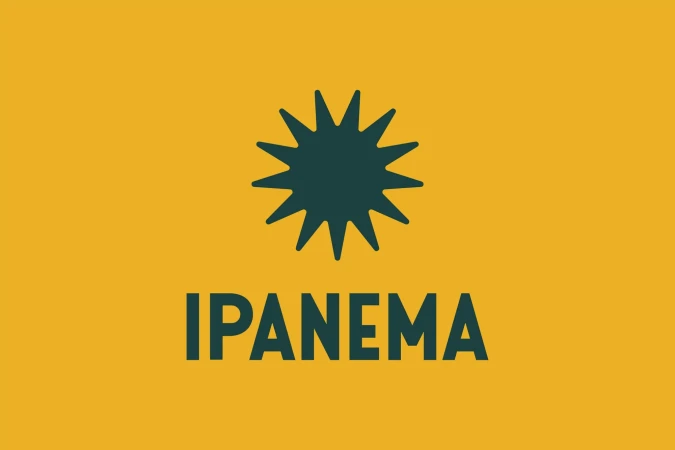 Ipanema logo displayed on a yellow background featuring a stylized sun emblem and the brand name in a simple, sans-serif font.