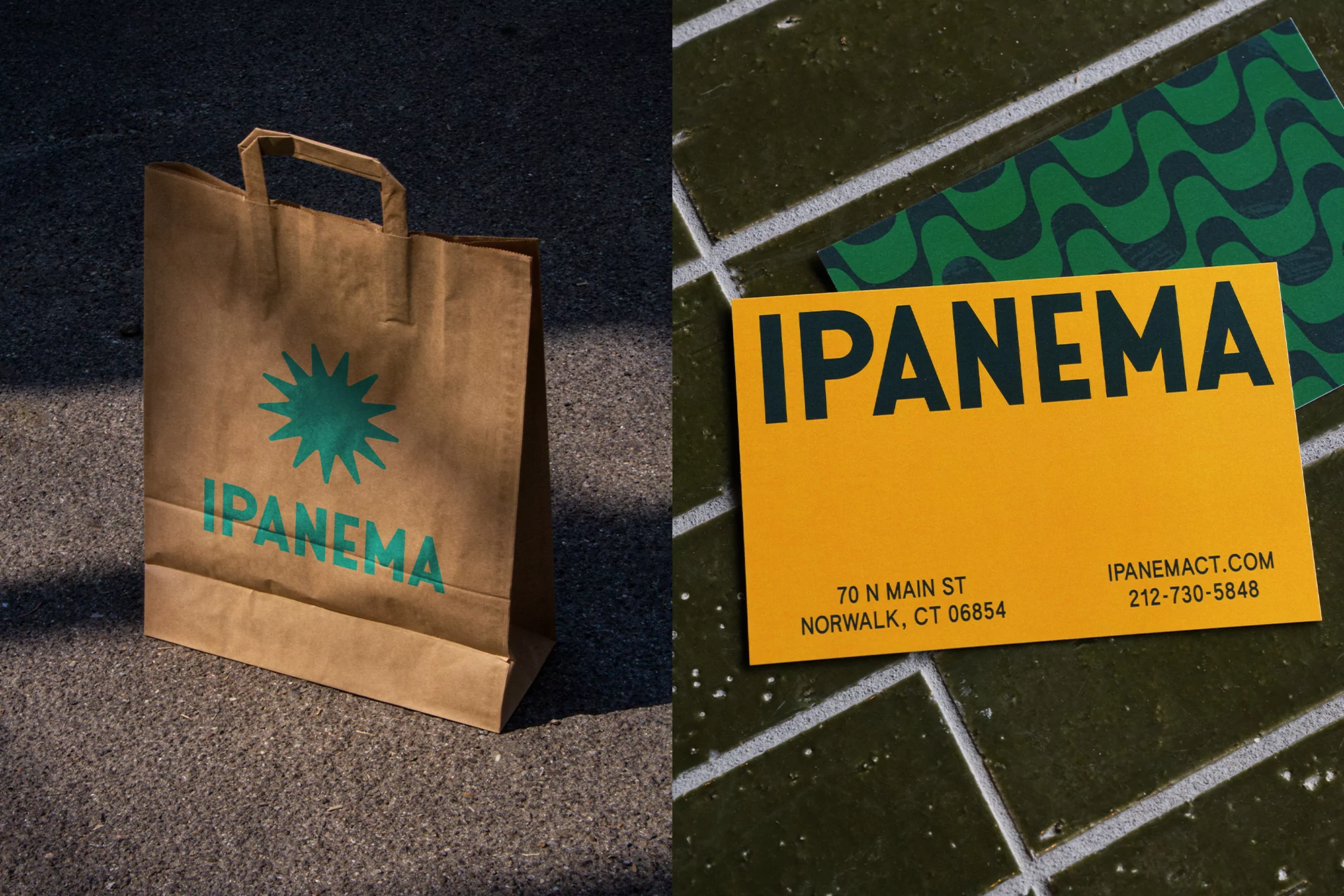 Ipanema branded paper bag and business cards on pavement and green tile with bold graphic patterns and lettering; natural sunlight.