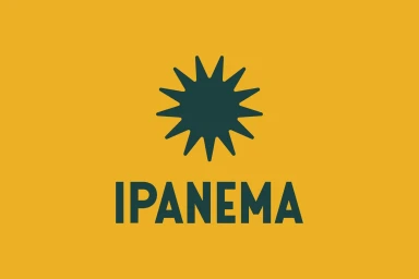 Ipanema brand identity logo featuring a dark green starburst icon above uppercase green text on yellow background