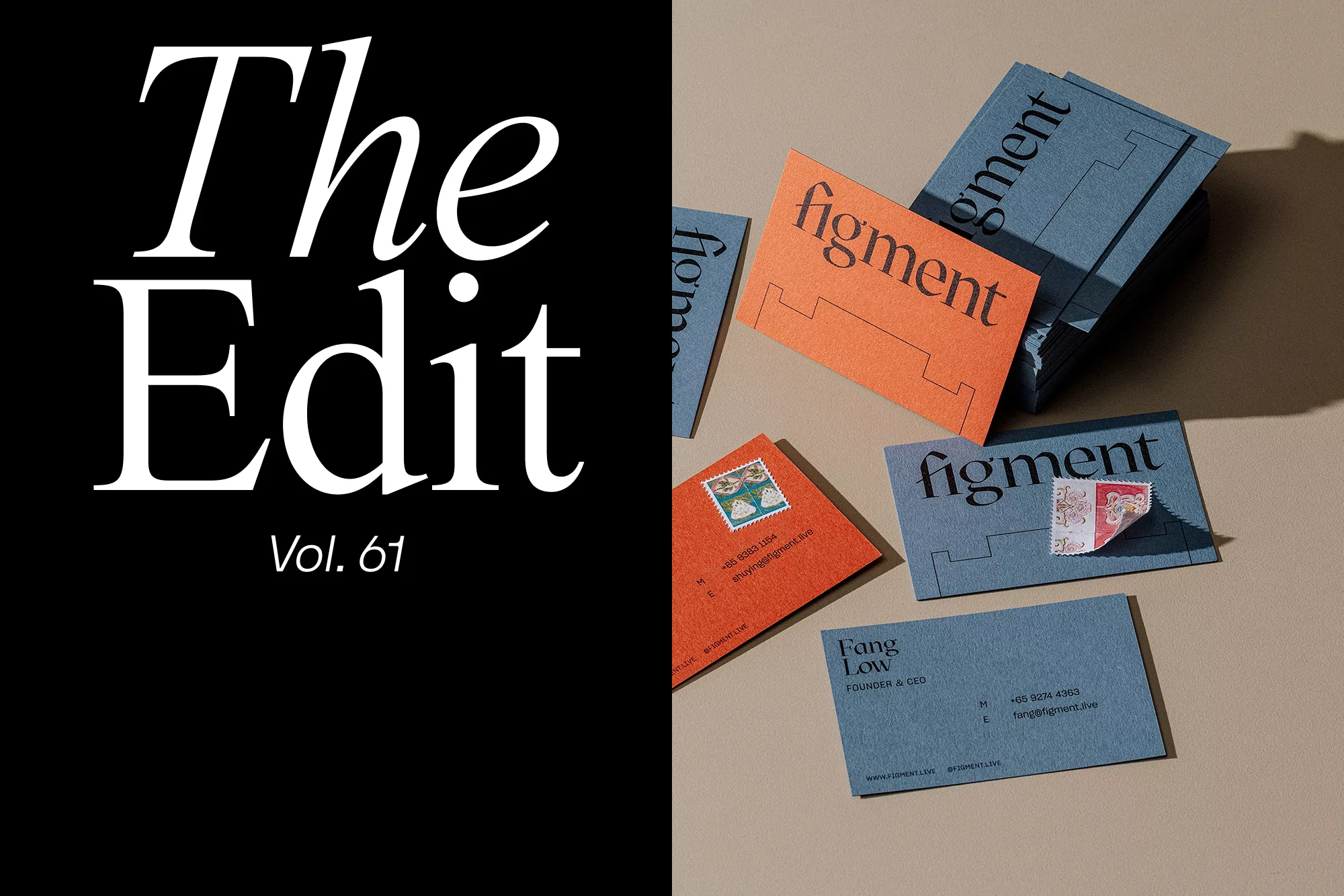 Business card collection for Figment brand with logo and details in minimalist aesthetic, featuring blue and orange cards with stamps.