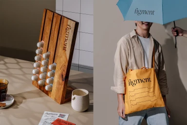 Split view showing a wooden coffee capsule holder on a tabletop and a man holding an umbrella and yellow tote bag with Figment branding
