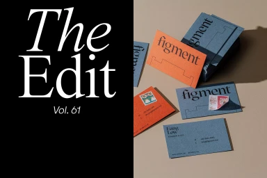 Split view image showing bold white typography on a black background alongside branded business cards on beige surface