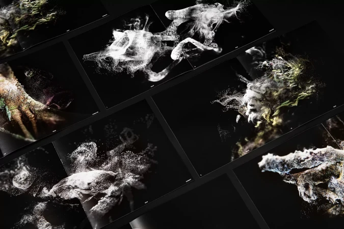 Abstract renderings of particulate matter on black paper backgrounds, presented as fine art prints with monochrome and duotone color schemes.