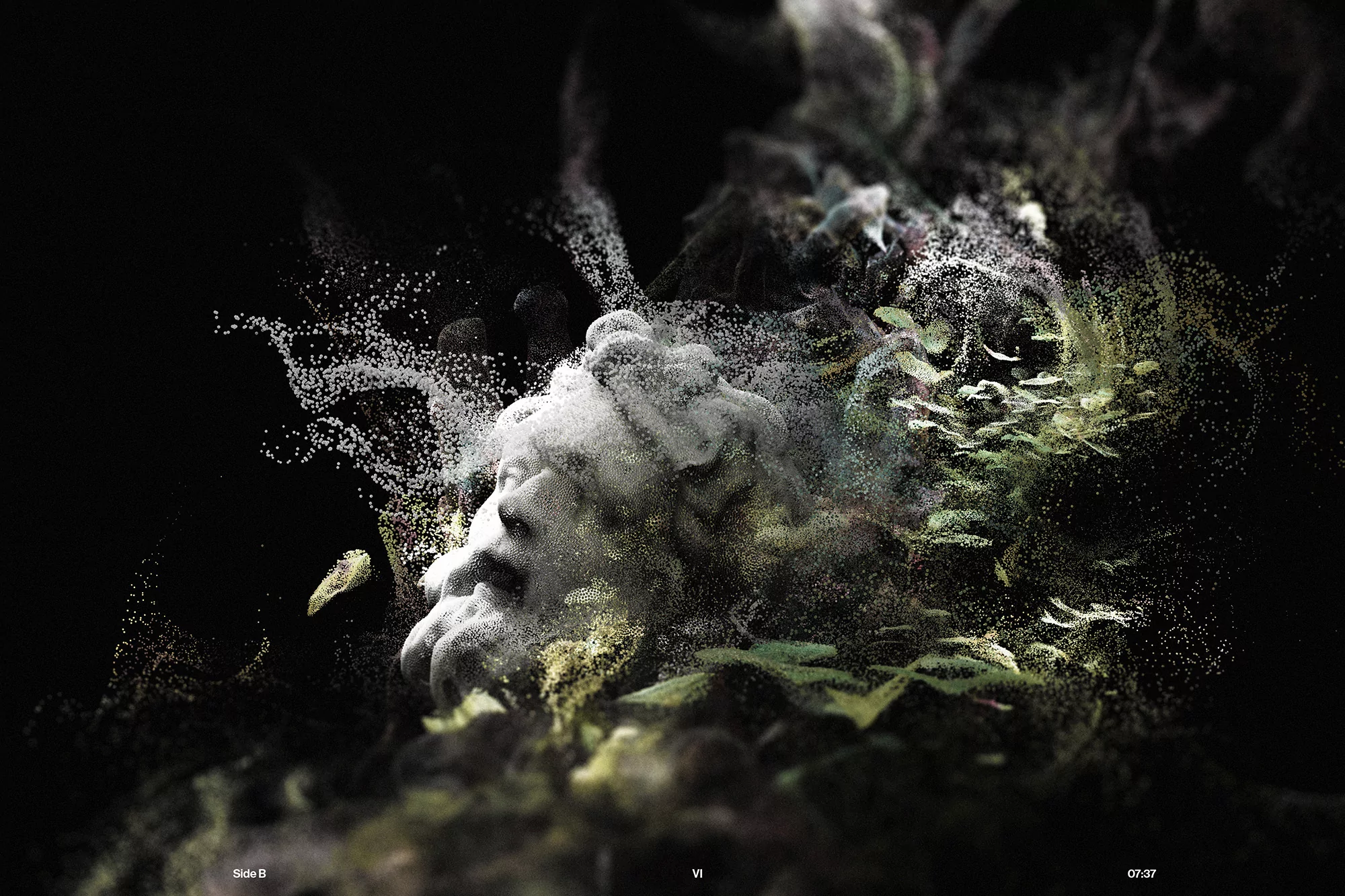 Artistic rendering of a Greco-Roman bust emerging from an abstract digital particulate cloud against a dark background with green undertones.