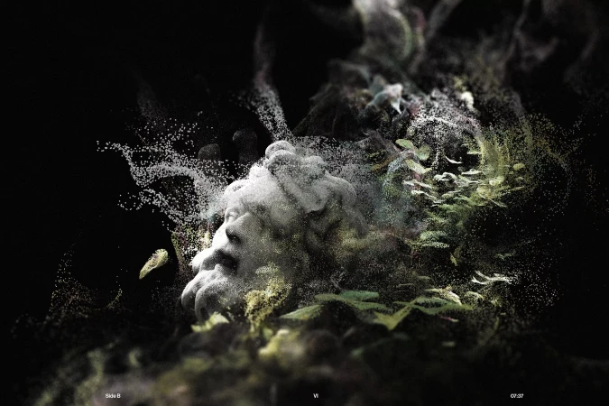 Artistic rendering of a Greco-Roman bust emerging from an abstract digital particulate cloud against a dark background with green undertones.