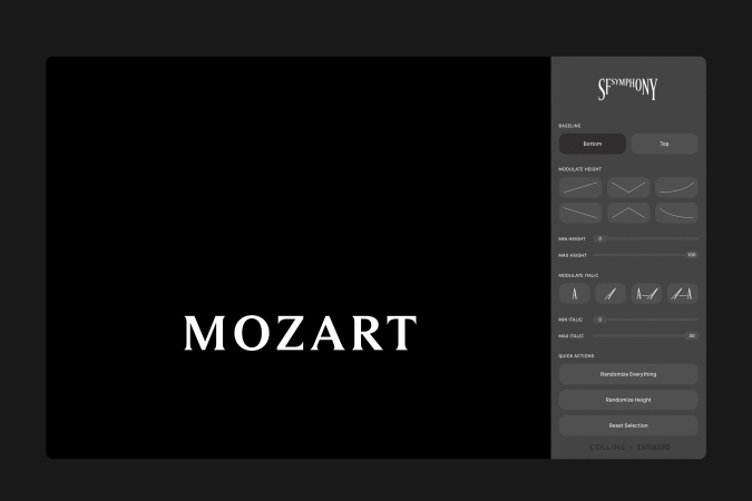 Screenshot of SF Symphony graphic user interface with typography adjustment options and the word 'Mozart' in a classical serif font.