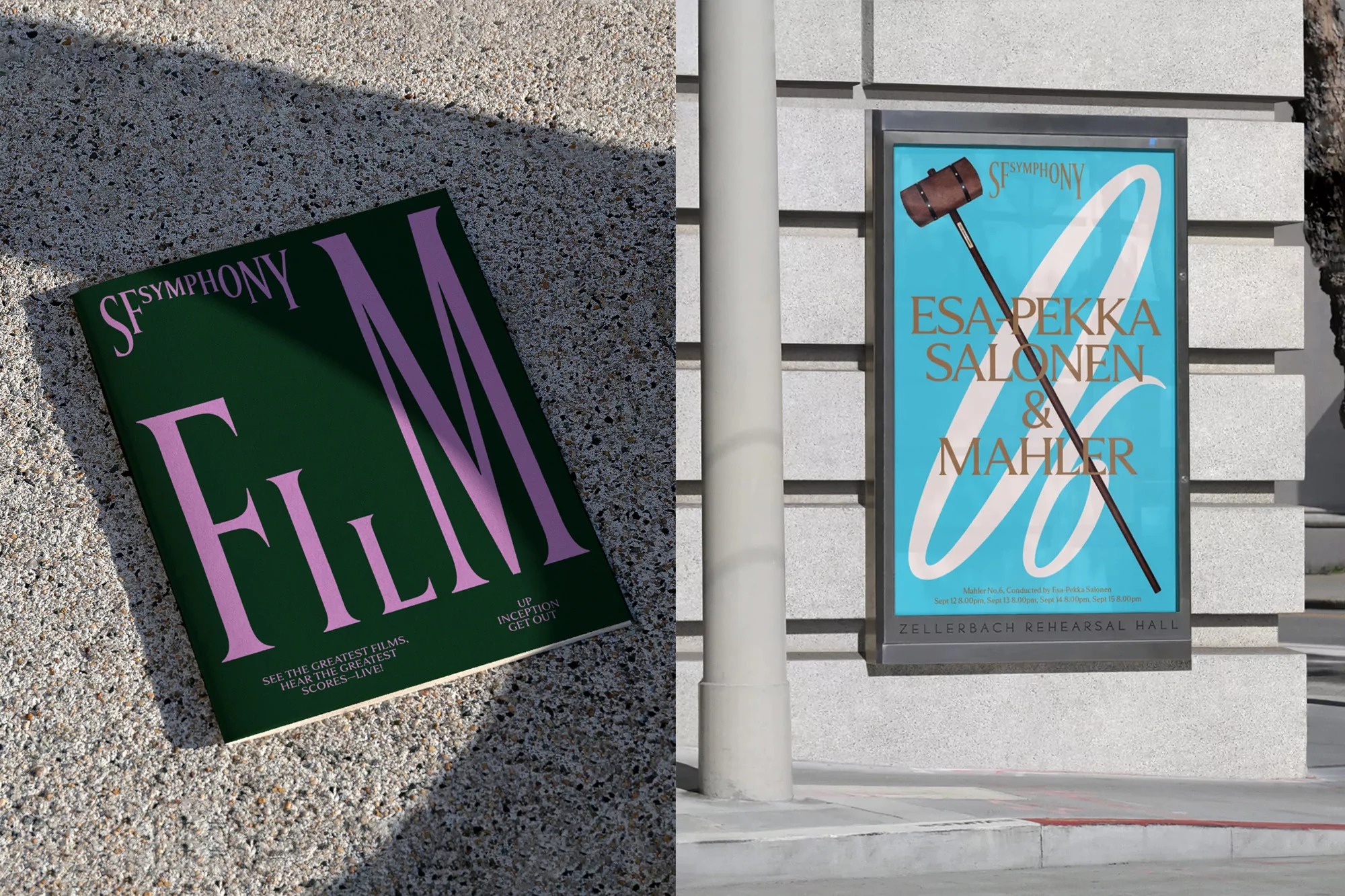SF Symphony Film poster with bold pink letters on dark green, laying in the sun on stone pavement. Orchestral concert advertisement next to building.