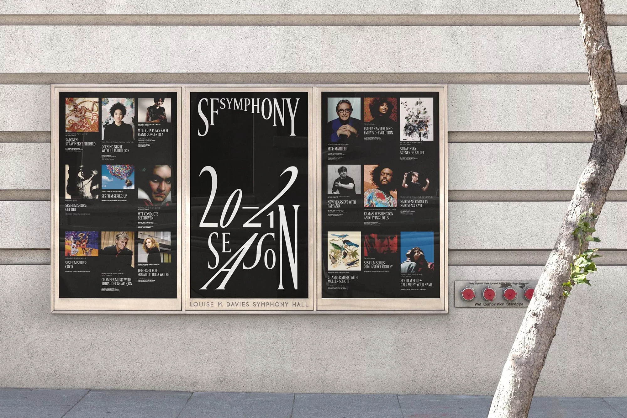 SF Symphony 2021 season advertisement on an outdoor wall with posters, typography, photography, and graphics promoting various shows.