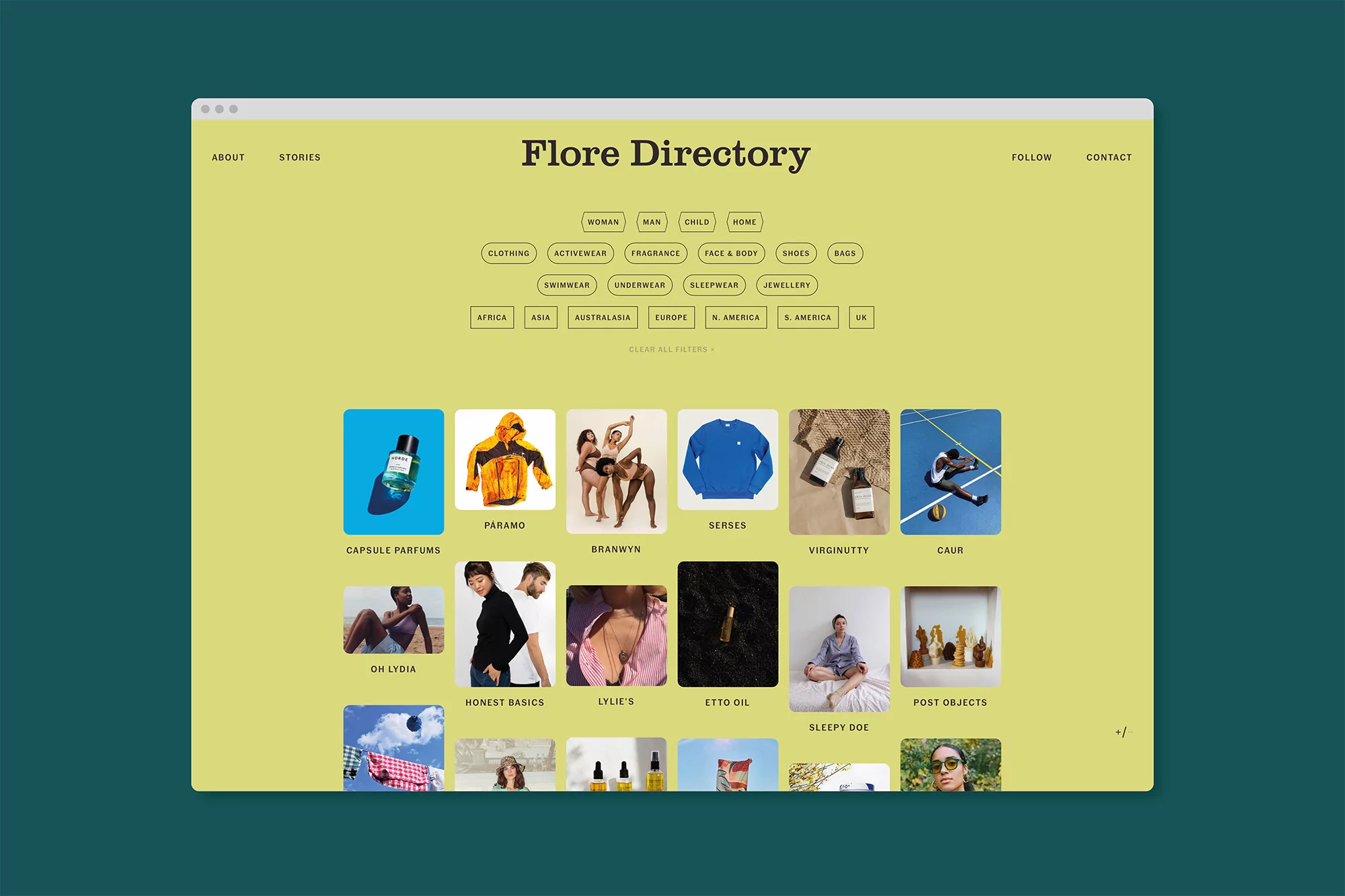 Online retail website display featuring clothing, fragrances, shoes, jewelry, and home goods in a clean, minimalist design with a light yellow background.