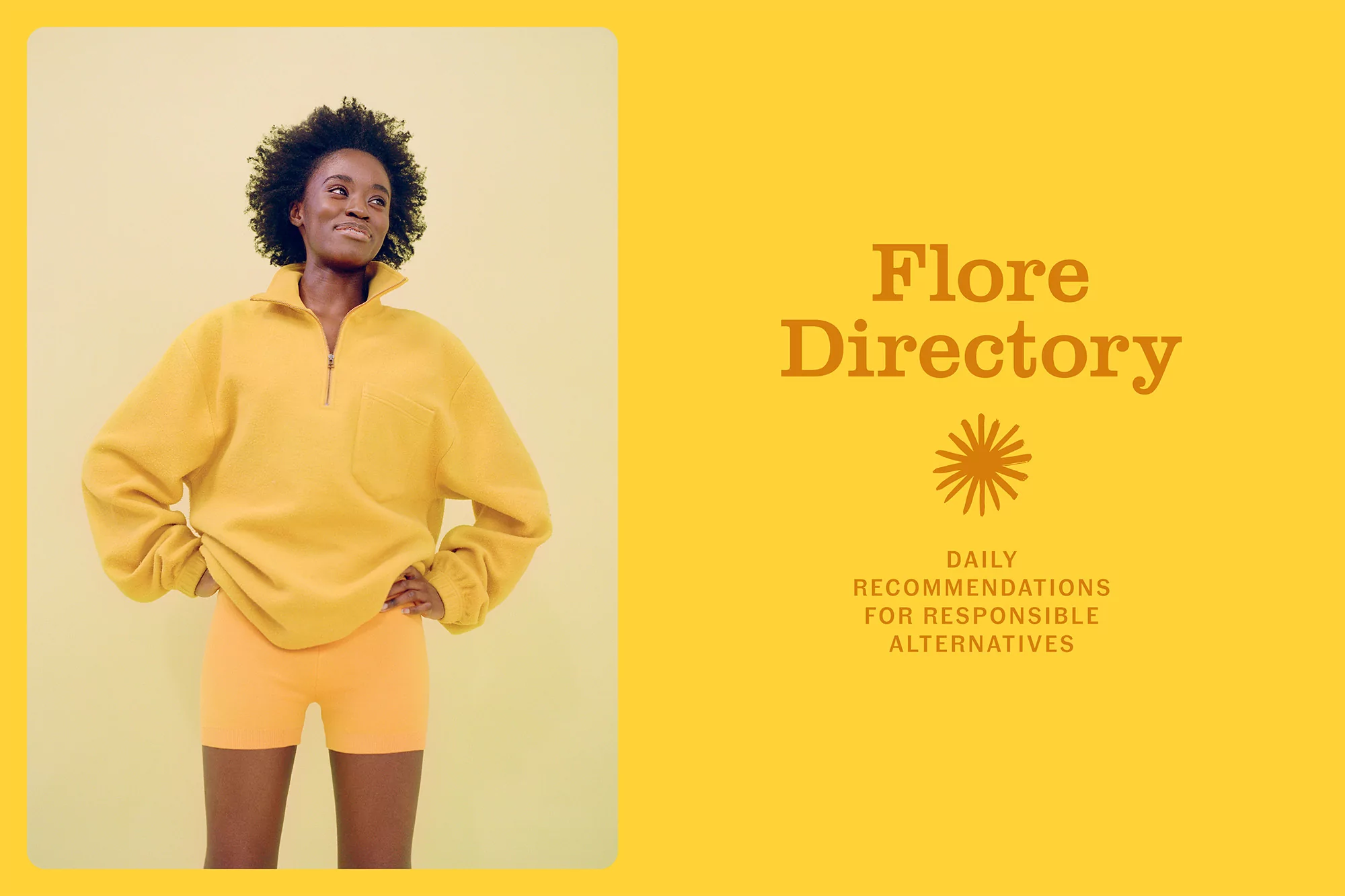 Black woman wearing a yellow quarter-zip sweatshirt and matching shorts against a yellow backdrop for Flore Directory.