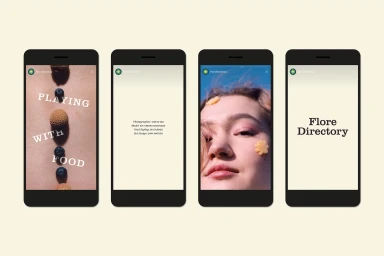 Four mobile phone mockups displaying a brand identity project with UI screens and photography for Flore Directory.