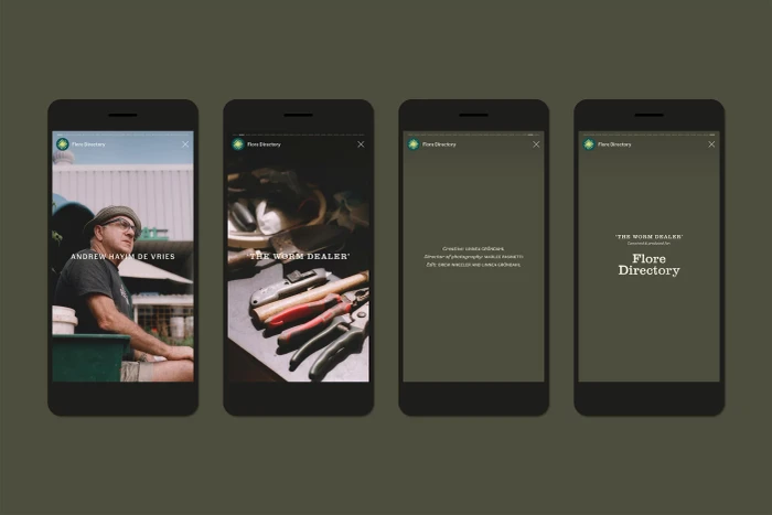 Four smartphone screens displaying digital brand identity interfaces and media screens for Flore Directory.