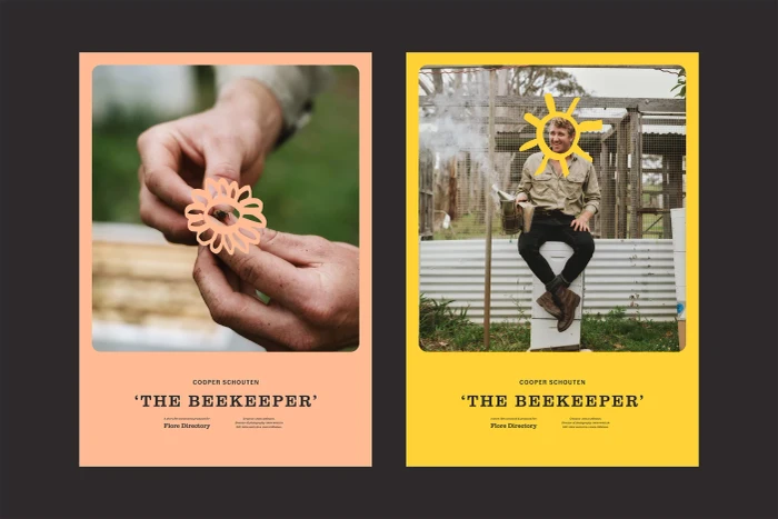 Two printed posters featuring photography with hand-drawn yellow and peach illustrations for Flore Directory brand identity.