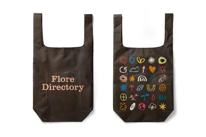 Two dark brown reusable shopping bags displayed on a white background, featuring brand typography and colorful icons.