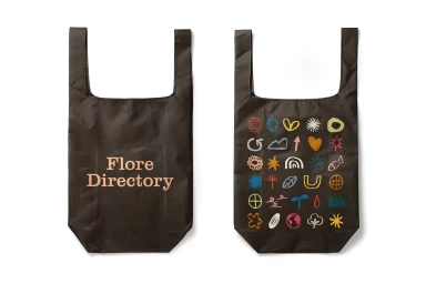 Two dark brown reusable shopping bags displayed on a white background, featuring brand typography and colorful icons.