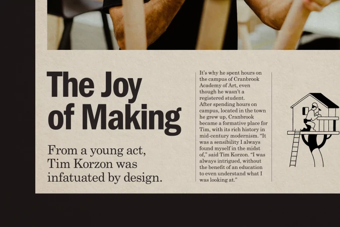 Abstract image of article page with text 'The Joy of Making' and illustration of person in treehouse against tan background.