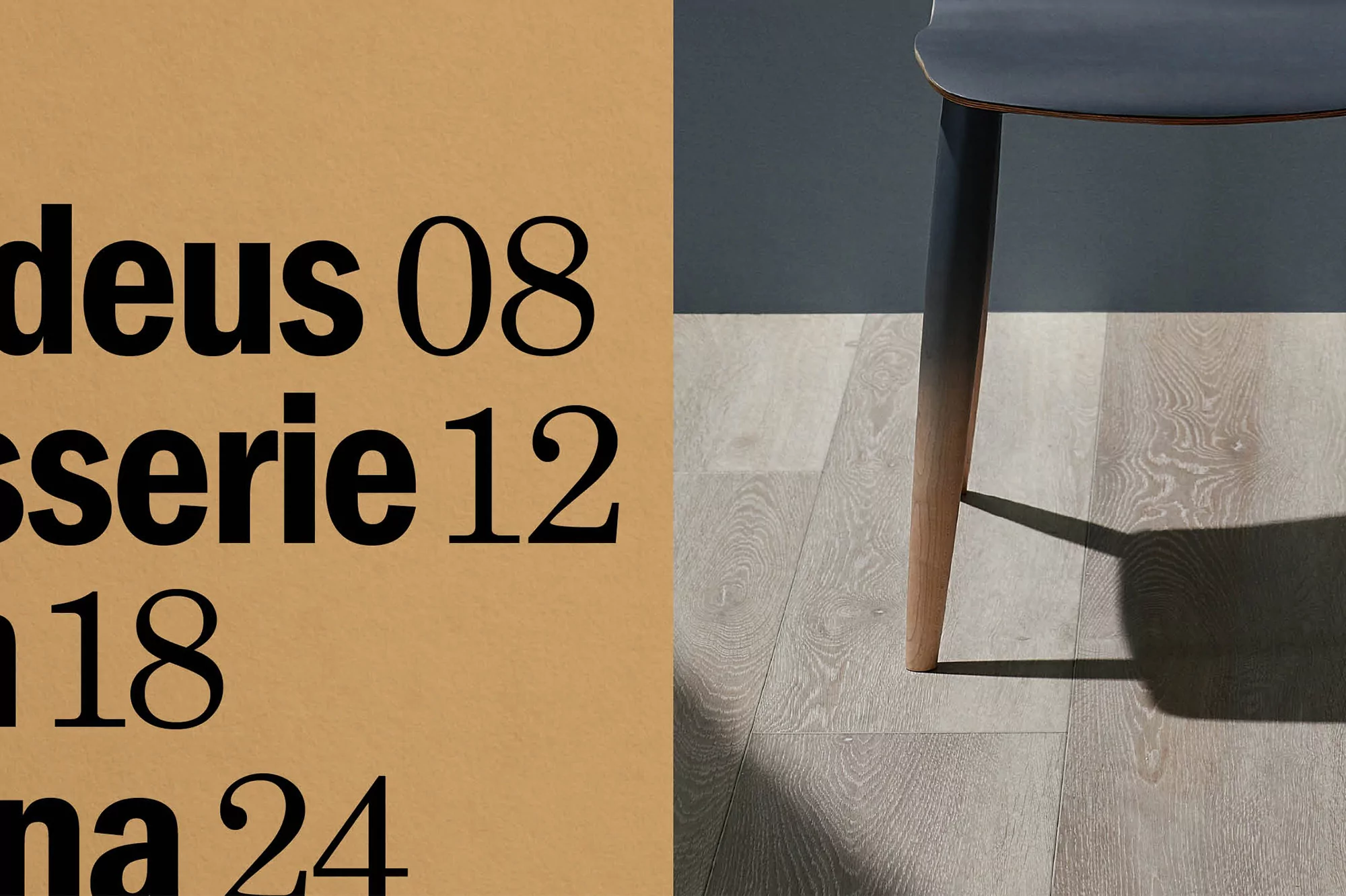 Interior design shot featuring a modern chair with a black seat and light wood legs on a hardwood floor next to large black type.