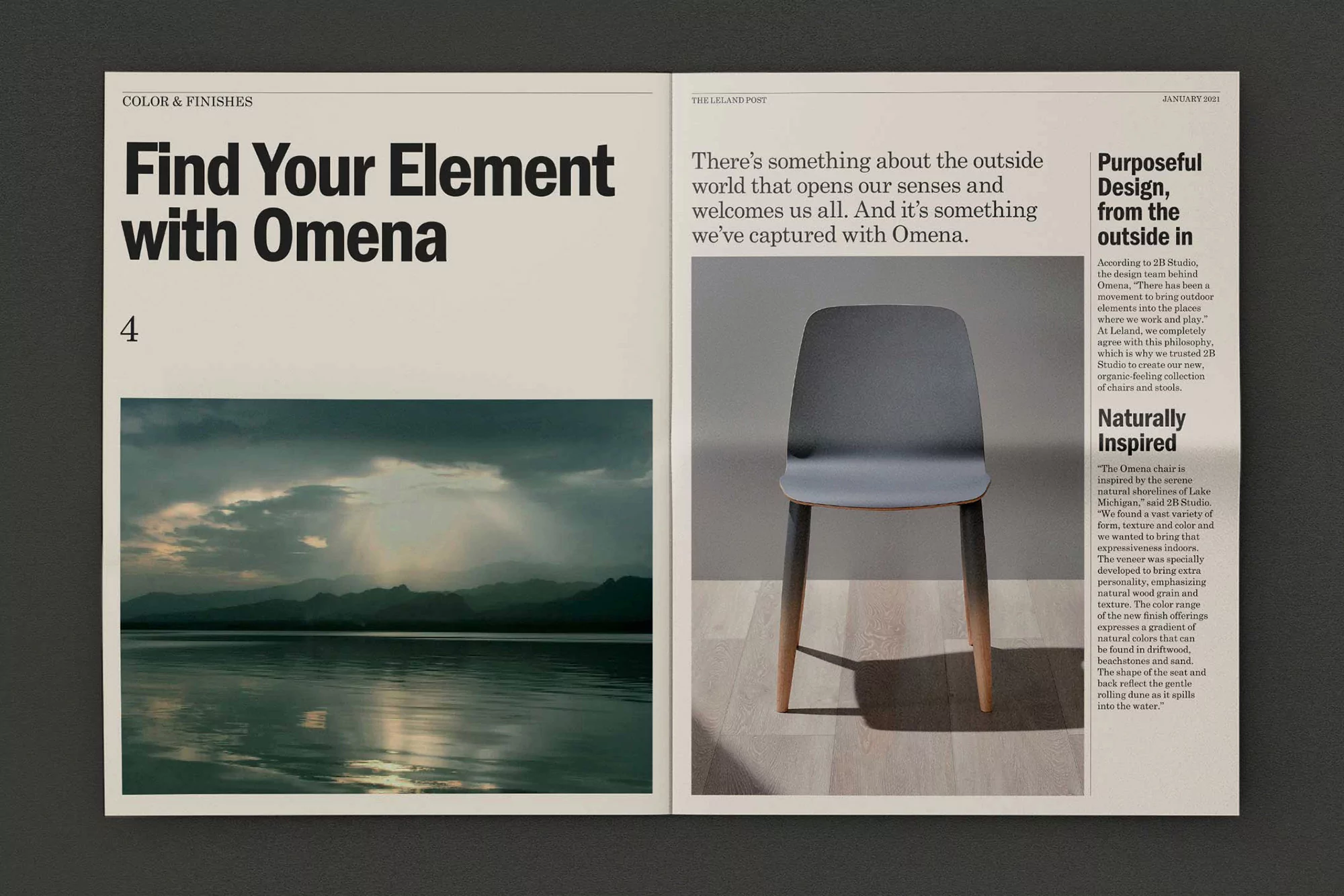 Magazine spread featuring a gray chair alongside a landscape photo of mountains and a lake, emphasizing color and design elements.