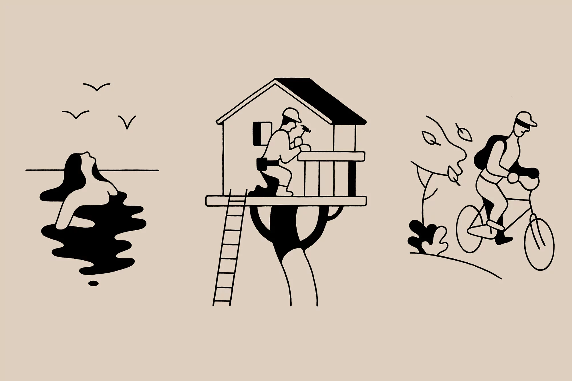 Illustration featuring an individual swimming in water, a person building a treehouse, and another riding a bicycle outdoors.