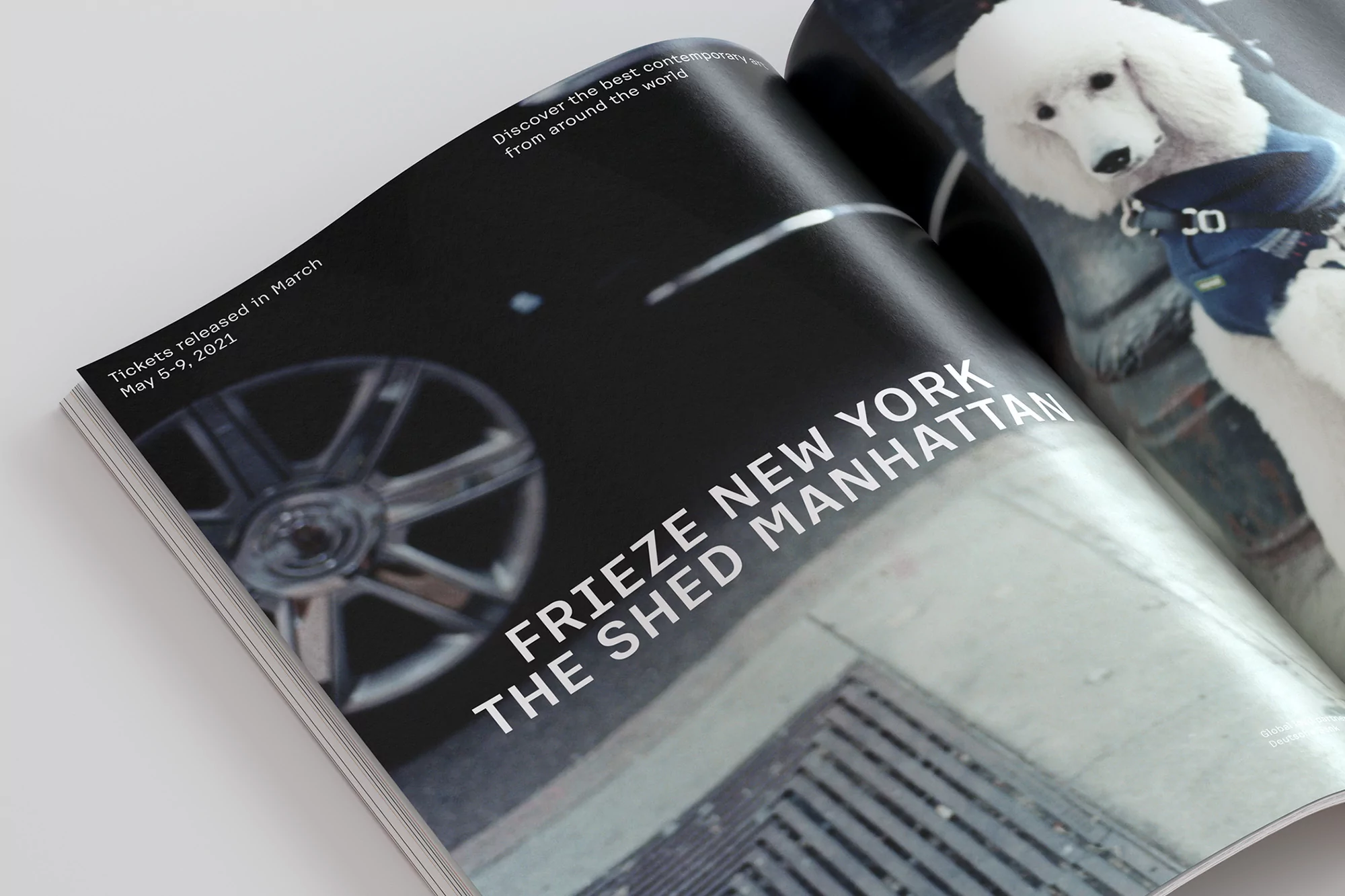 Magazine open featuring art fair advertisement with an image of a poodle wearing a harness and information about tickets.