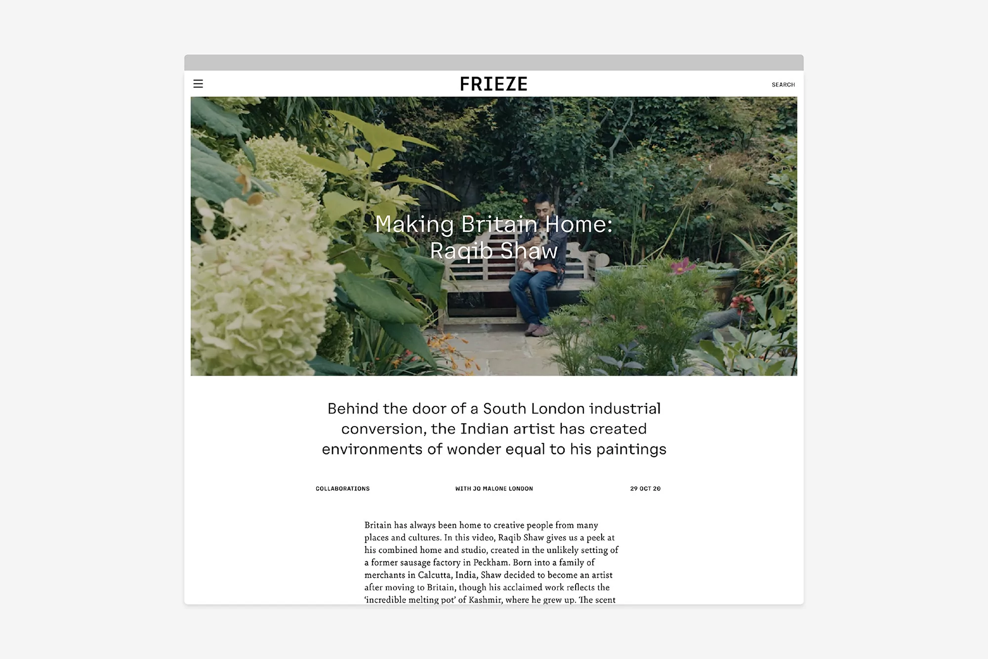 Screenshot of the Frieze website featuring an article titled 'Making Britain Home: Raqib Shaw' with an image of Shaw sitting on a bench.