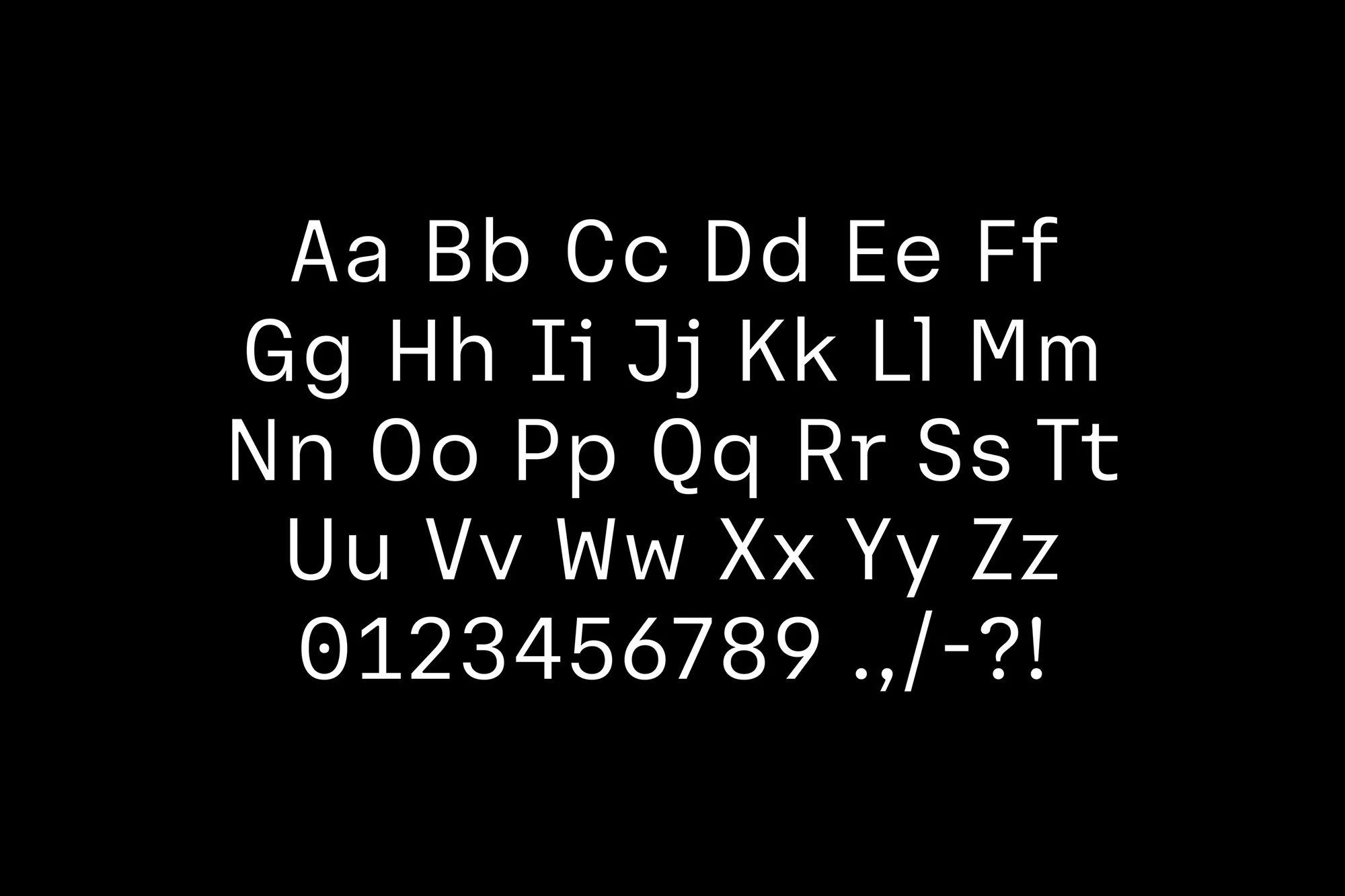 Alphabet and numbers displayed in a clear, white font against a solid black background, ideal for graphic design or educational use.