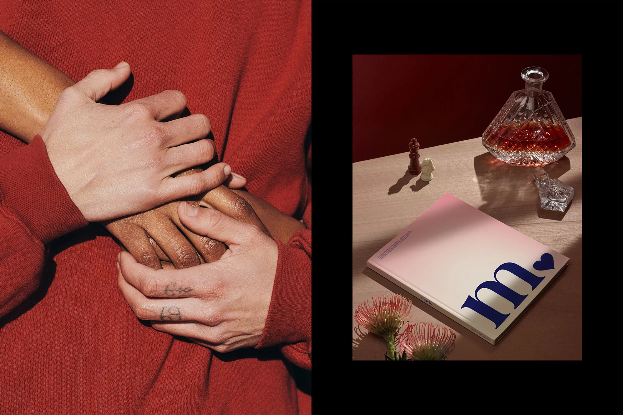 Interracial couple holding hands in close-up; decanter, chess pieces, pink book, and flowers on table in background with maroon wall.