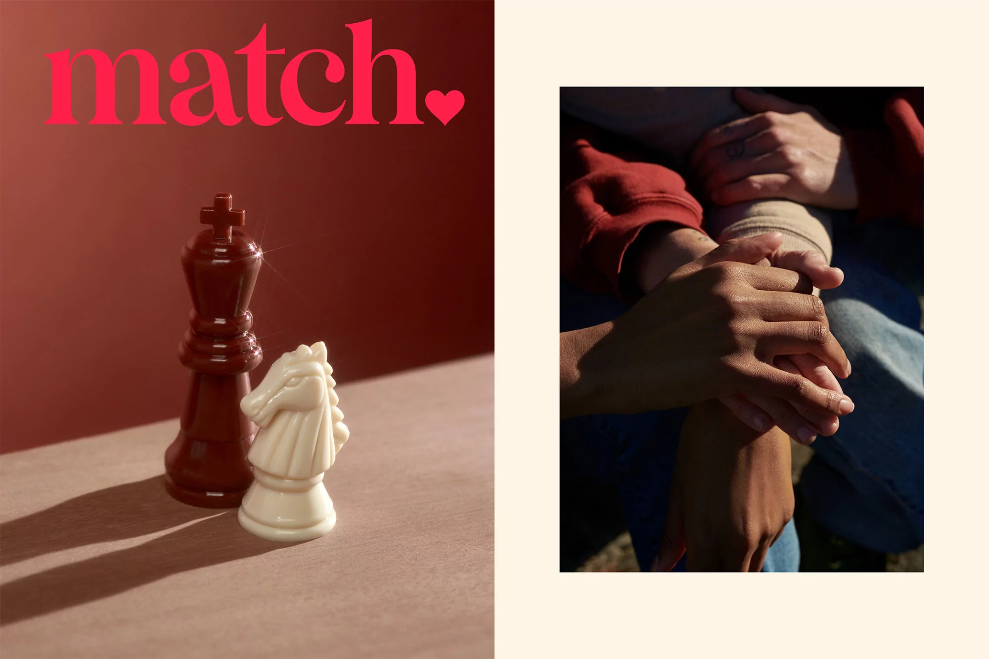 Chess pieces and a loving couple's interlocked hands, symbolizing the match.  A conceptual visual for dating, love, and connection.