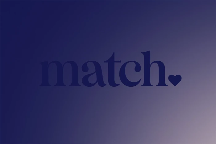 Match brand typography logo featuring serif lowercase text and a heart icon on a dark blue gradient background.