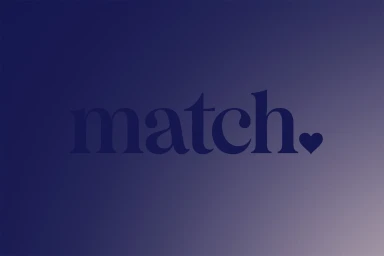 Match brand typography logo featuring serif lowercase text and a heart icon on a dark blue gradient background.