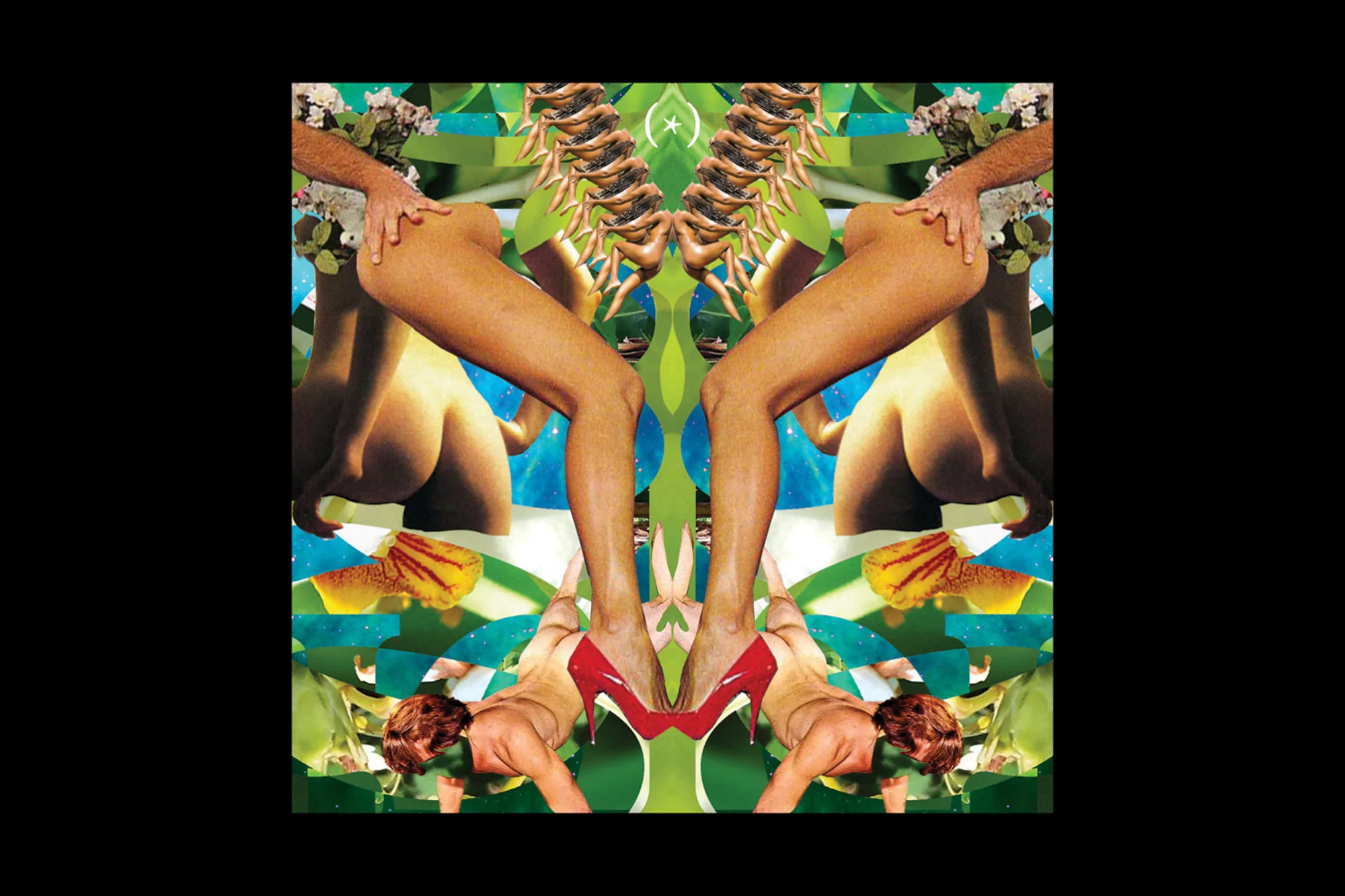 Surreal collage featuring symmetrical nude figures, red heels, and a vibrant mix of botanical elements, against a geometric background.