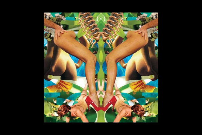 Surreal collage featuring symmetrical nude figures, red heels, and a vibrant mix of botanical elements, against a geometric background.