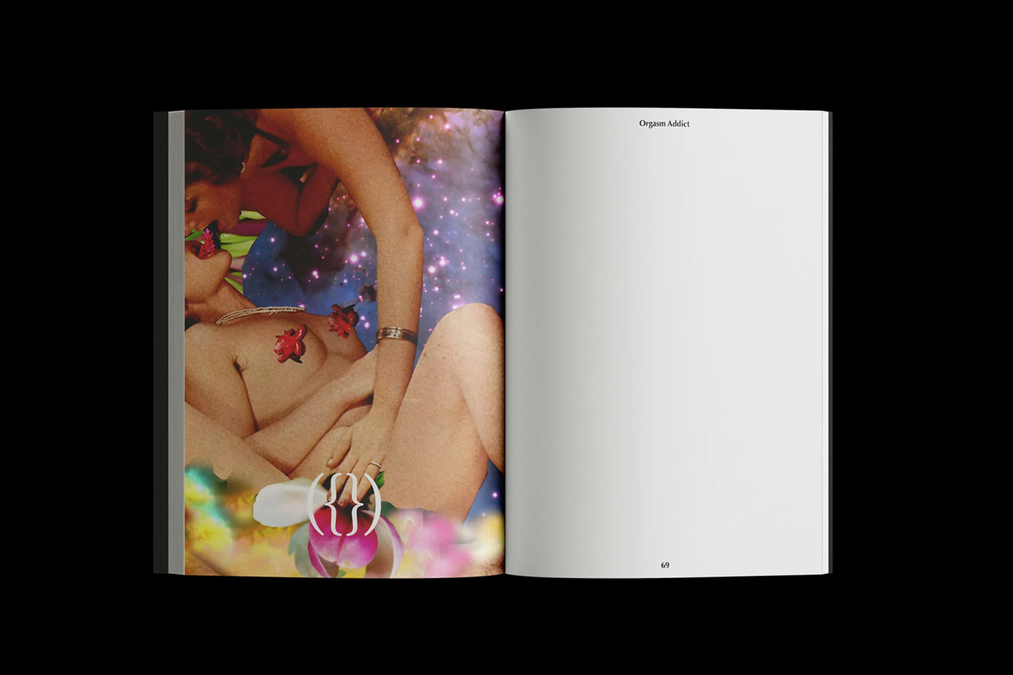 Book spread displays a collage with two figures and floral accents against a cosmic background, set against a black backdrop.
