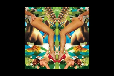 Symmetrical surreal photo collage featuring repeated human limbs and red high heels on abstract green background.