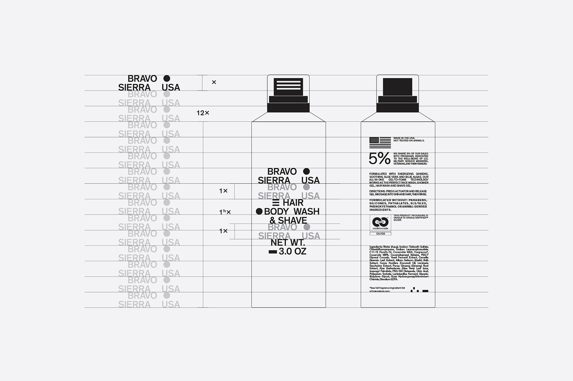 Bravo Sierra USA brand's hair, body wash, and shave product in minimalistic packaging, set against a crisp white background.