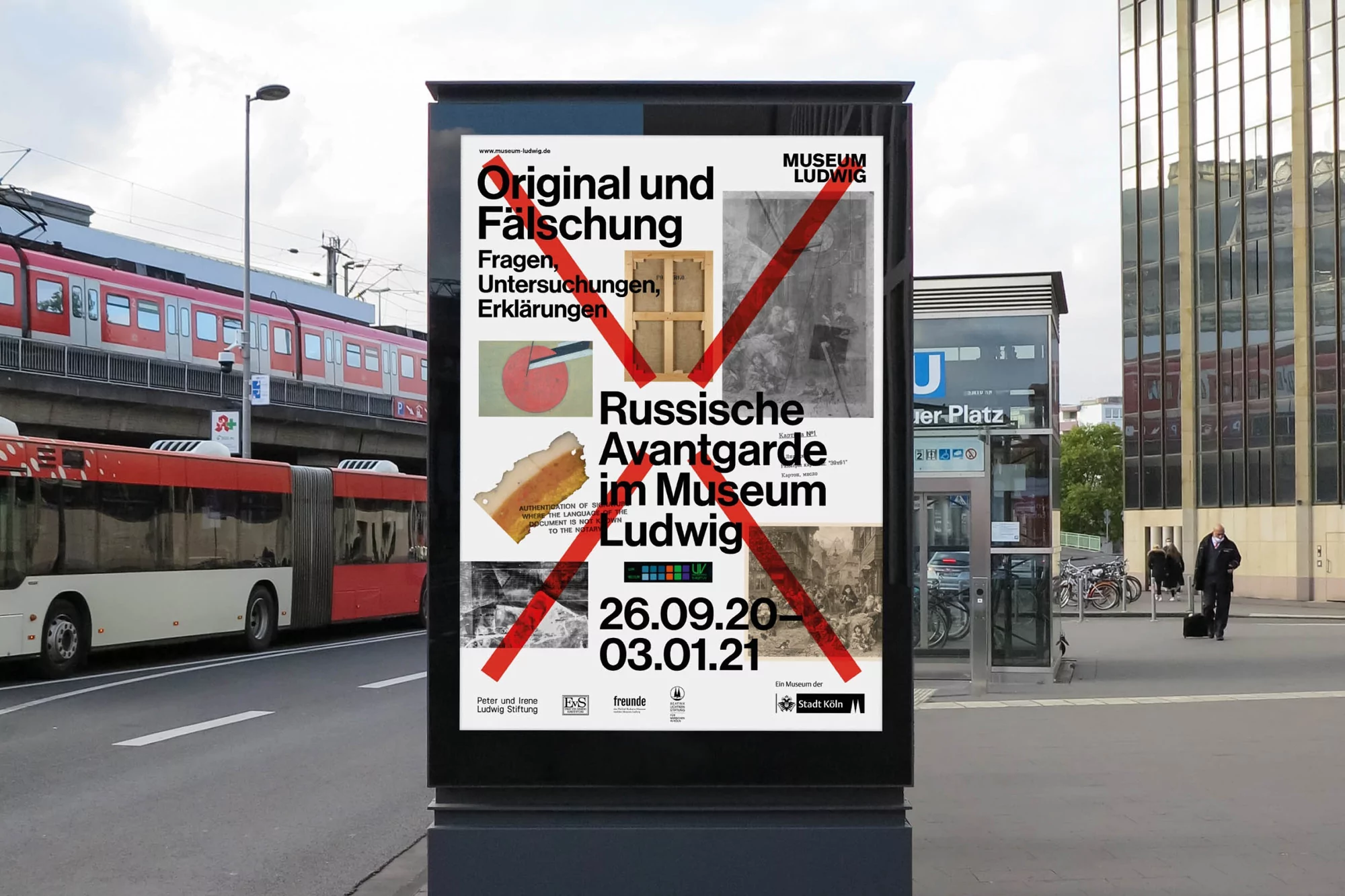 Outdoor advertising display for the Russian Avantgarde im Museum Ludwig exhibition, featuring art and a red diagonal cross.