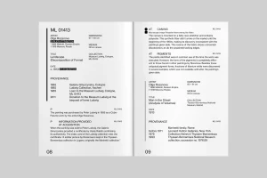 Open pages of a publication featuring black typography and data records for Museum Ludwig brand identity by Studio von Monkiewitsch