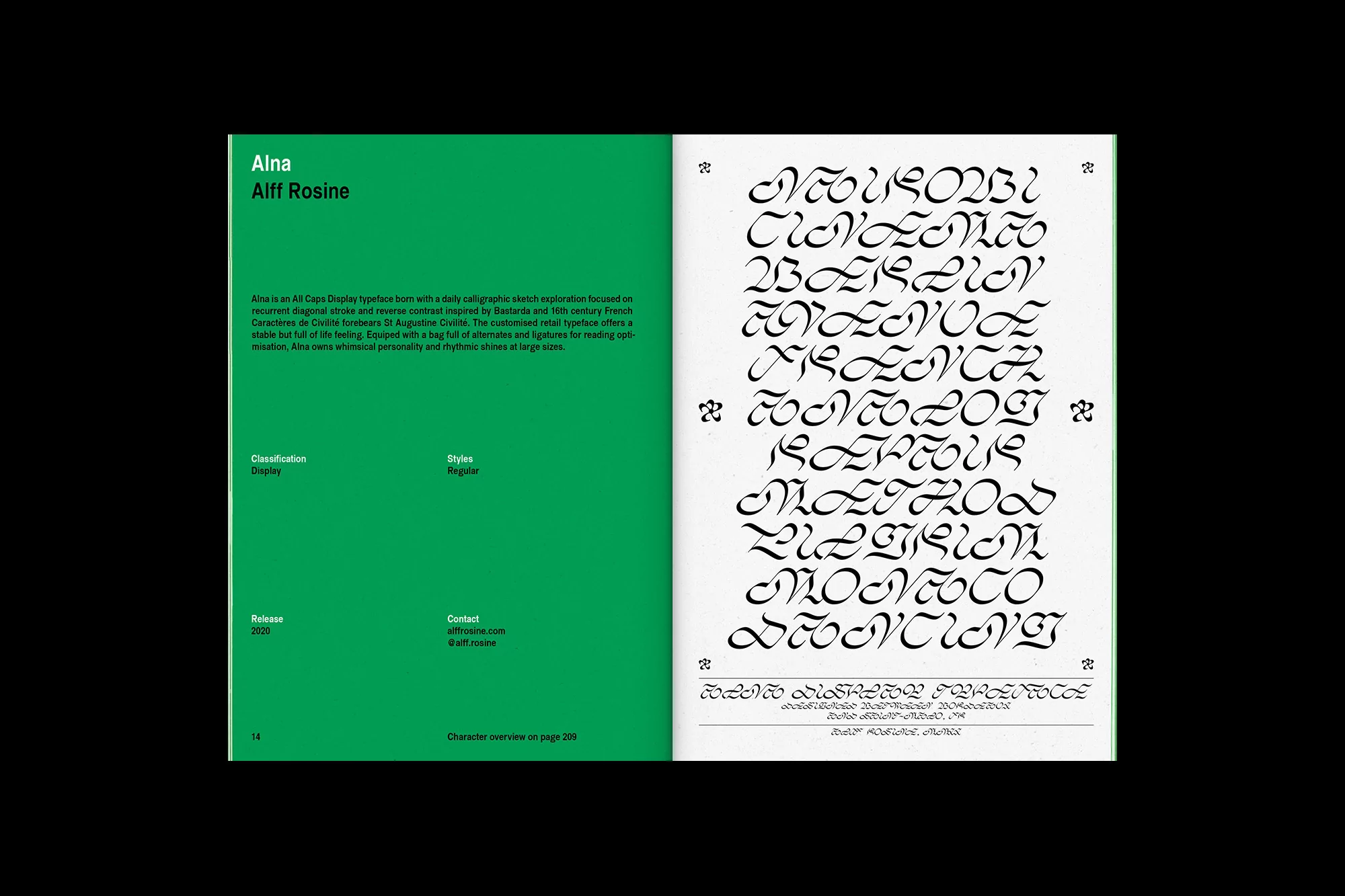 Open book spread showcasing Alna typeface by Alff Rosine, featuring green text page and black display font examples on a white page.