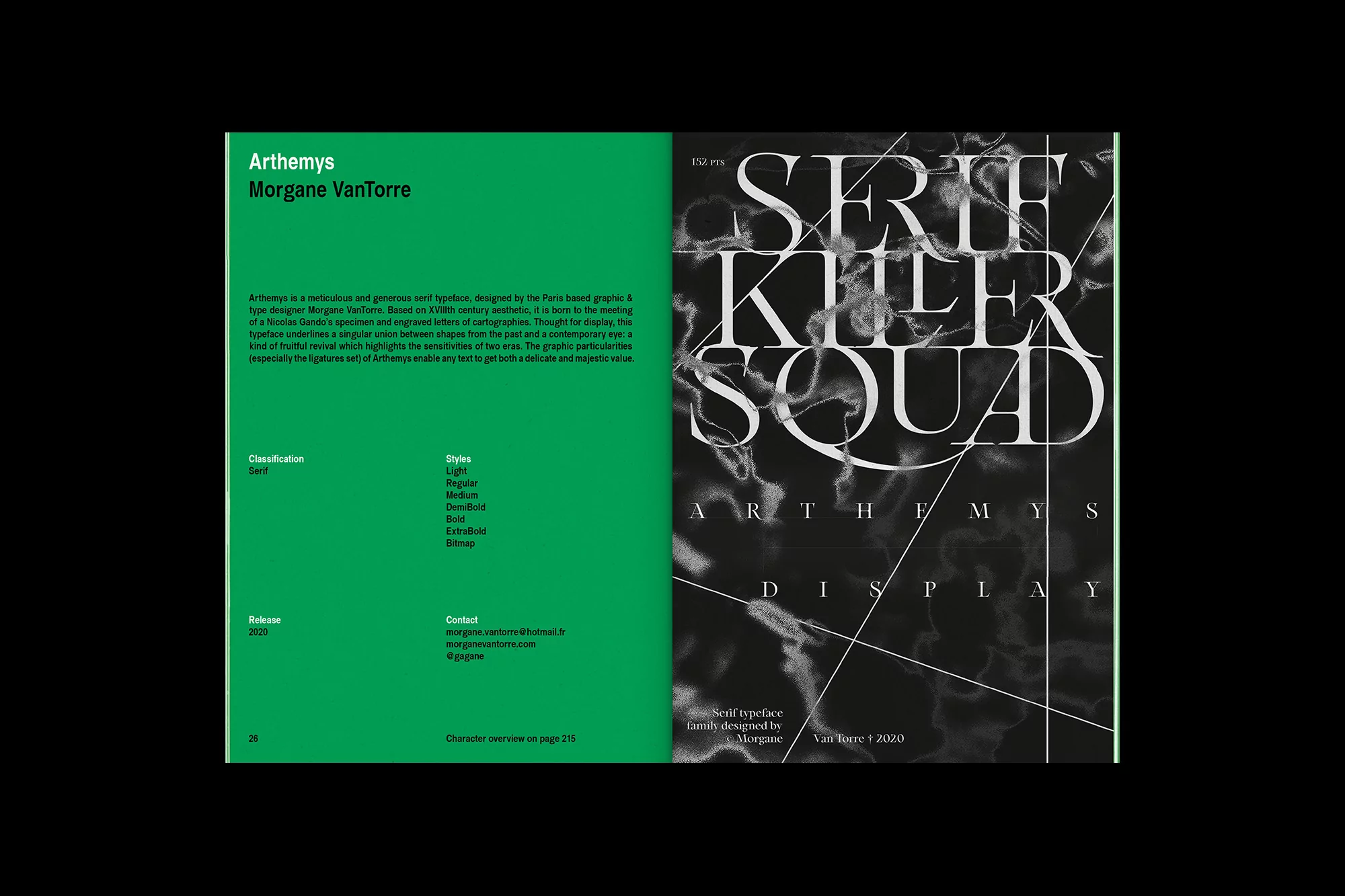 Arthemys typeface designed by Morgane VanTorre shown in a digitally enhanced design, black background with marble texture and white serif letters.