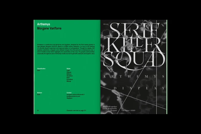 Arthemys typeface designed by Morgane VanTorre shown in a digitally enhanced design, black background with marble texture and white serif letters.