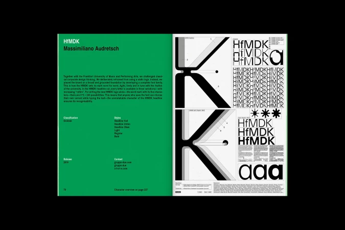 Letterforms 'H, f, M, D, K' from the HfMDK font, variations in typography, layout, and style, on a green and white page spread.